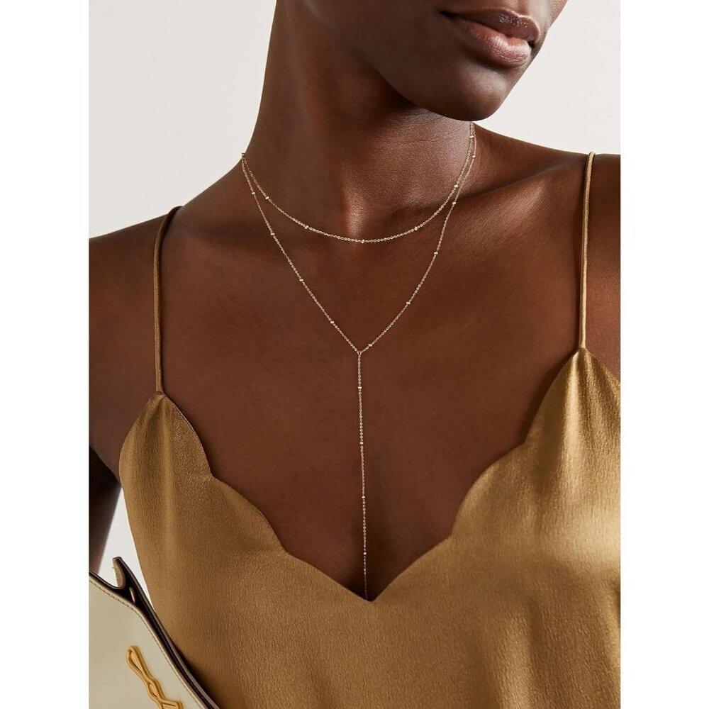 Women's Sterling Silver Y-Shaped Trendy Layered Simple Gold Necklace Jewelry - Picture 4 of 7